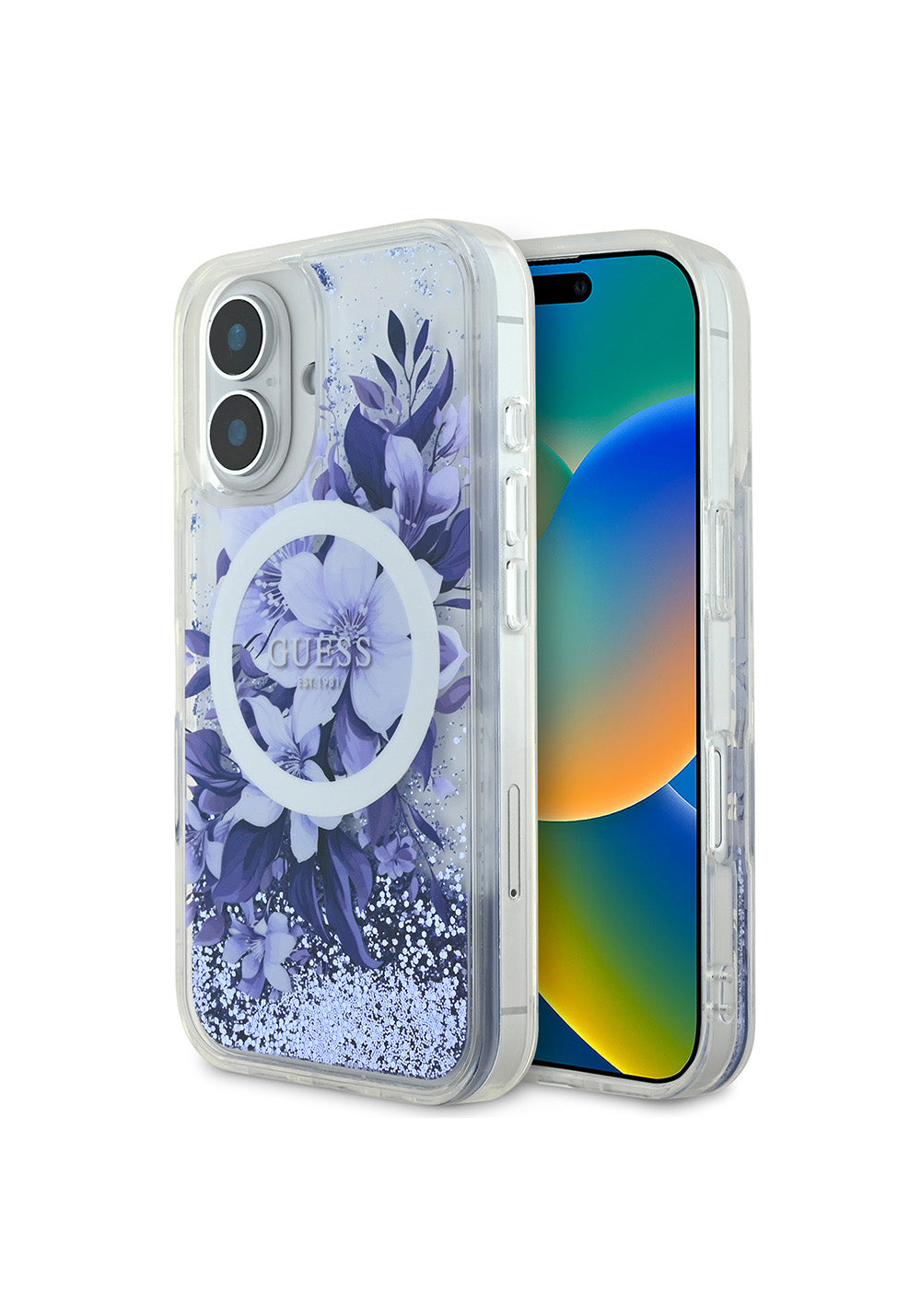 Apple iPhone 16 Plus Kılıf Guess Orijinal Lisanslı Manyetik Şarj Uyumlu Sıvılı Simli Çiçek Desenli Kapak