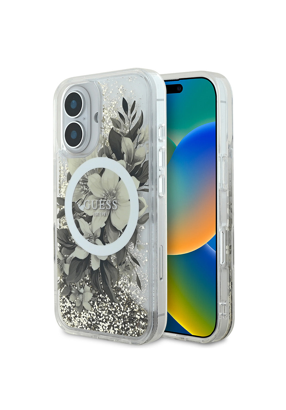 Apple iPhone 16 Plus Kılıf Guess Orijinal Lisanslı Manyetik Şarj Uyumlu Sıvılı Simli Çiçek Desenli Kapak