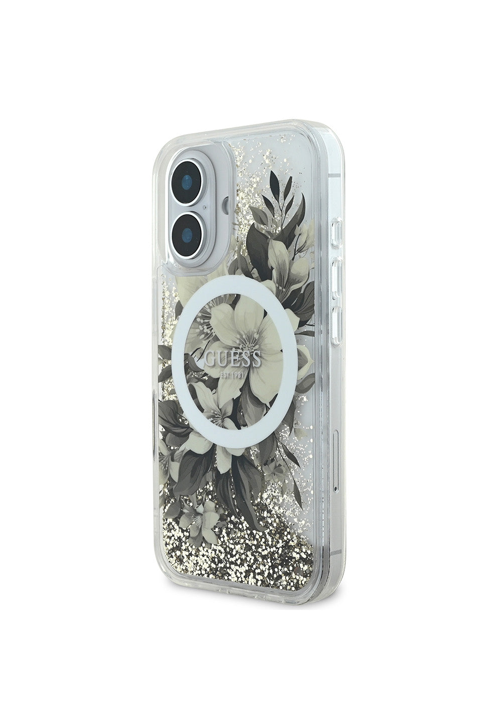 Apple iPhone 16 Plus Kılıf Guess Orijinal Lisanslı Manyetik Şarj Uyumlu Sıvılı Simli Çiçek Desenli Kapak