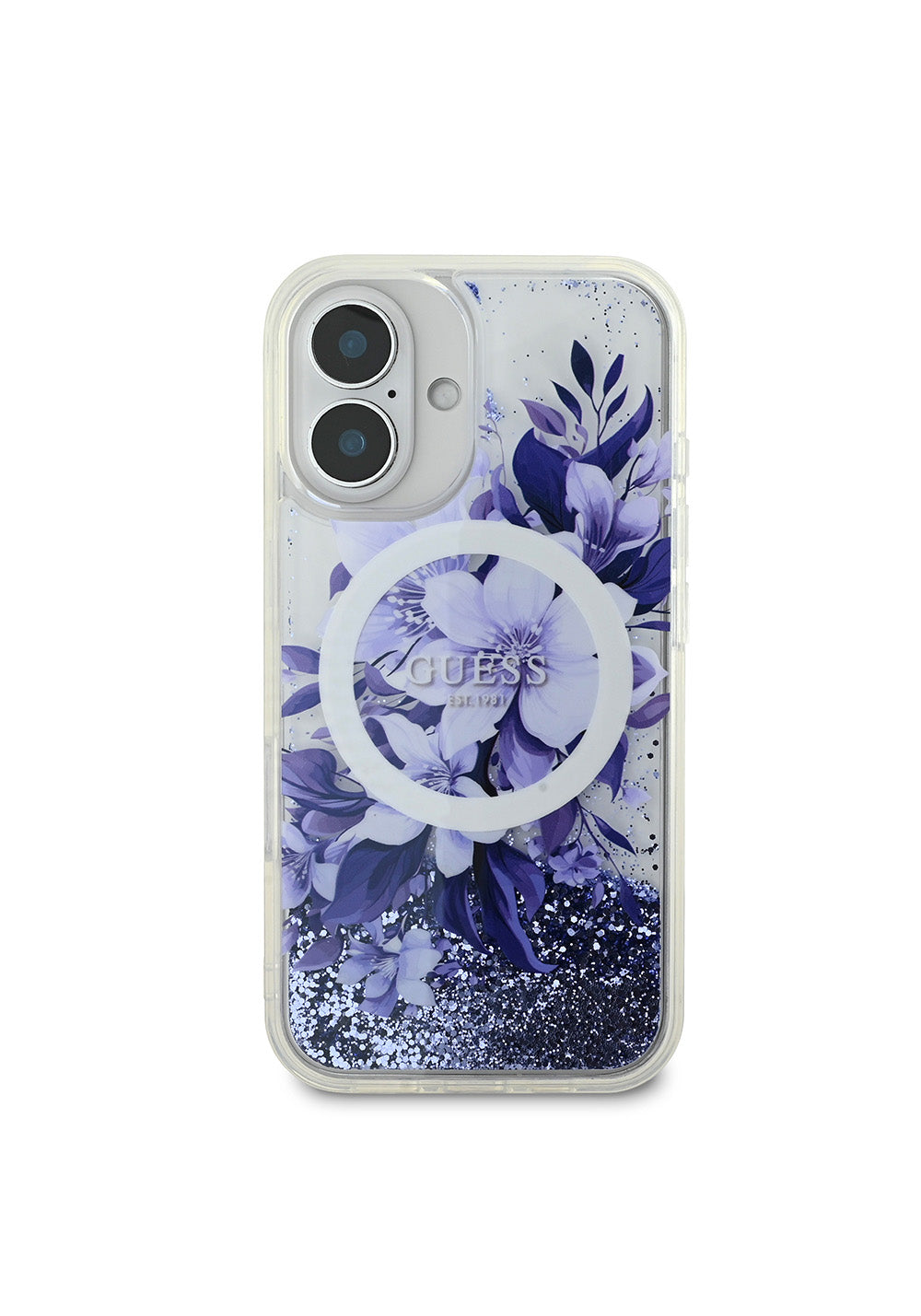Apple iPhone 16 Plus Kılıf Guess Orijinal Lisanslı Manyetik Şarj Uyumlu Sıvılı Simli Çiçek Desenli Kapak