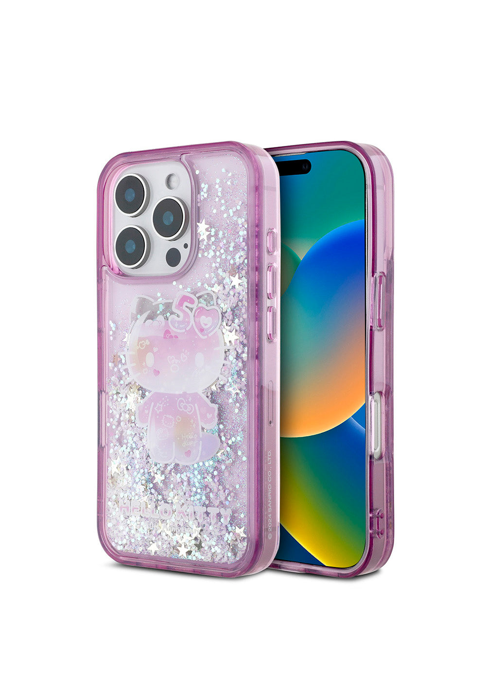 Apple iPhone 16 Pro Max Kılıf Hello Kitty Orijinal Lisanslı Sıvılı Simli 50. Yıldönümü Partisi Kapak