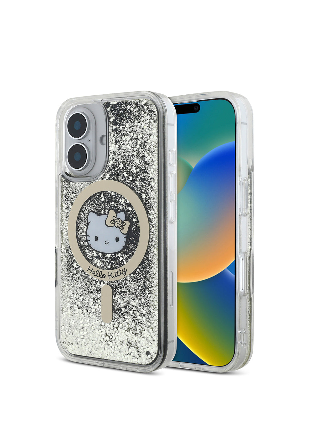 Apple iPhone 16 Kılıf Hello Kitty Orijinal Lisanslı Manyetik Şarj Uyumlu IML Baskı Kitty Head Logolu Sıvılı Simli Altın Ateşi Kapak
