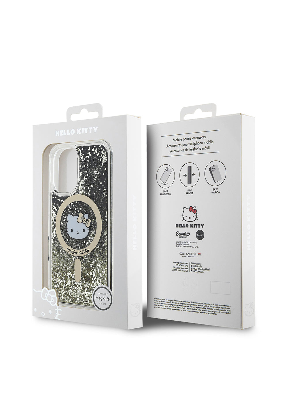 Apple iPhone 16 Kılıf Hello Kitty Orijinal Lisanslı Manyetik Şarj Uyumlu IML Baskı Kitty Head Logolu Sıvılı Simli Altın Ateşi Kapak