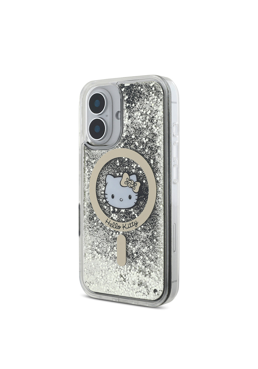 Apple iPhone 16 Kılıf Hello Kitty Orijinal Lisanslı Manyetik Şarj Uyumlu IML Baskı Kitty Head Logolu Sıvılı Simli Altın Ateşi Kapak