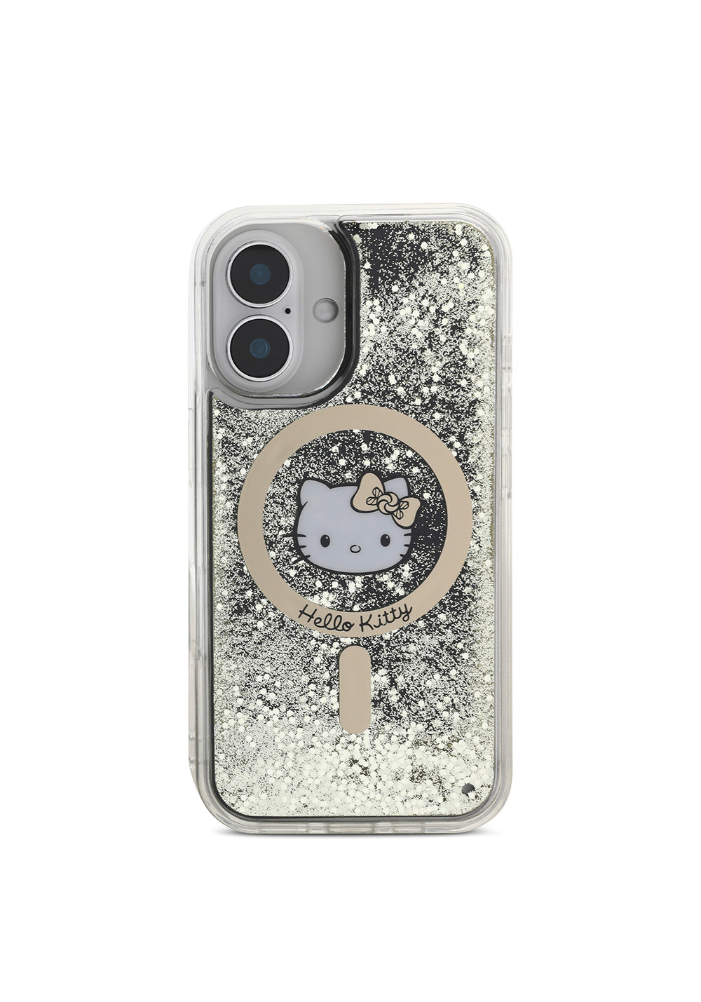 Apple iPhone 16 Kılıf Hello Kitty Orijinal Lisanslı Manyetik Şarj Uyumlu IML Baskı Kitty Head Logolu Sıvılı Simli Altın Ateşi Kapak