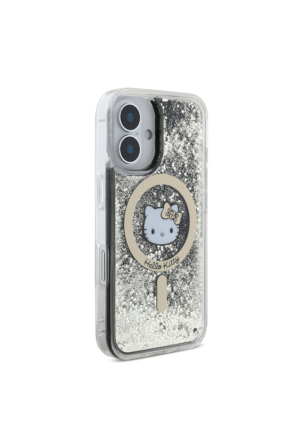 Apple iPhone 16 Kılıf Hello Kitty Orijinal Lisanslı Manyetik Şarj Uyumlu IML Baskı Kitty Head Logolu Sıvılı Simli Altın Ateşi Kapak