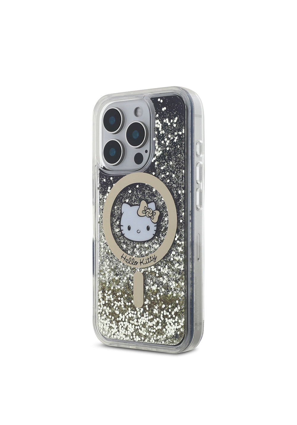Apple iPhone 16 Pro Kılıf Hello Kitty Orijinal Lisanslı Manyetik Şarj Uyumlu IML Baskı Kitty Head Logolu Sıvılı Simli Altın Ateşi Kapak