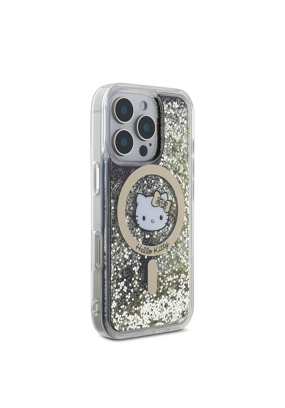 Apple iPhone 16 Pro Kılıf Hello Kitty Orijinal Lisanslı Manyetik Şarj Uyumlu IML Baskı Kitty Head Logolu Sıvılı Simli Altın Ateşi Kapak