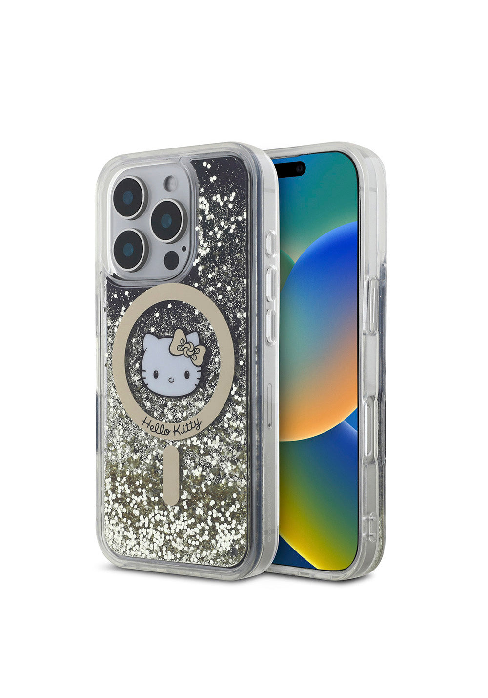 Apple iPhone 16 Pro Max Kılıf Hello Kitty Orijinal Lisanslı Manyetik Şarj Uyumlu IML Baskı Kitty Head Logolu Sıvılı Simli Altın Ateşi Kapak
