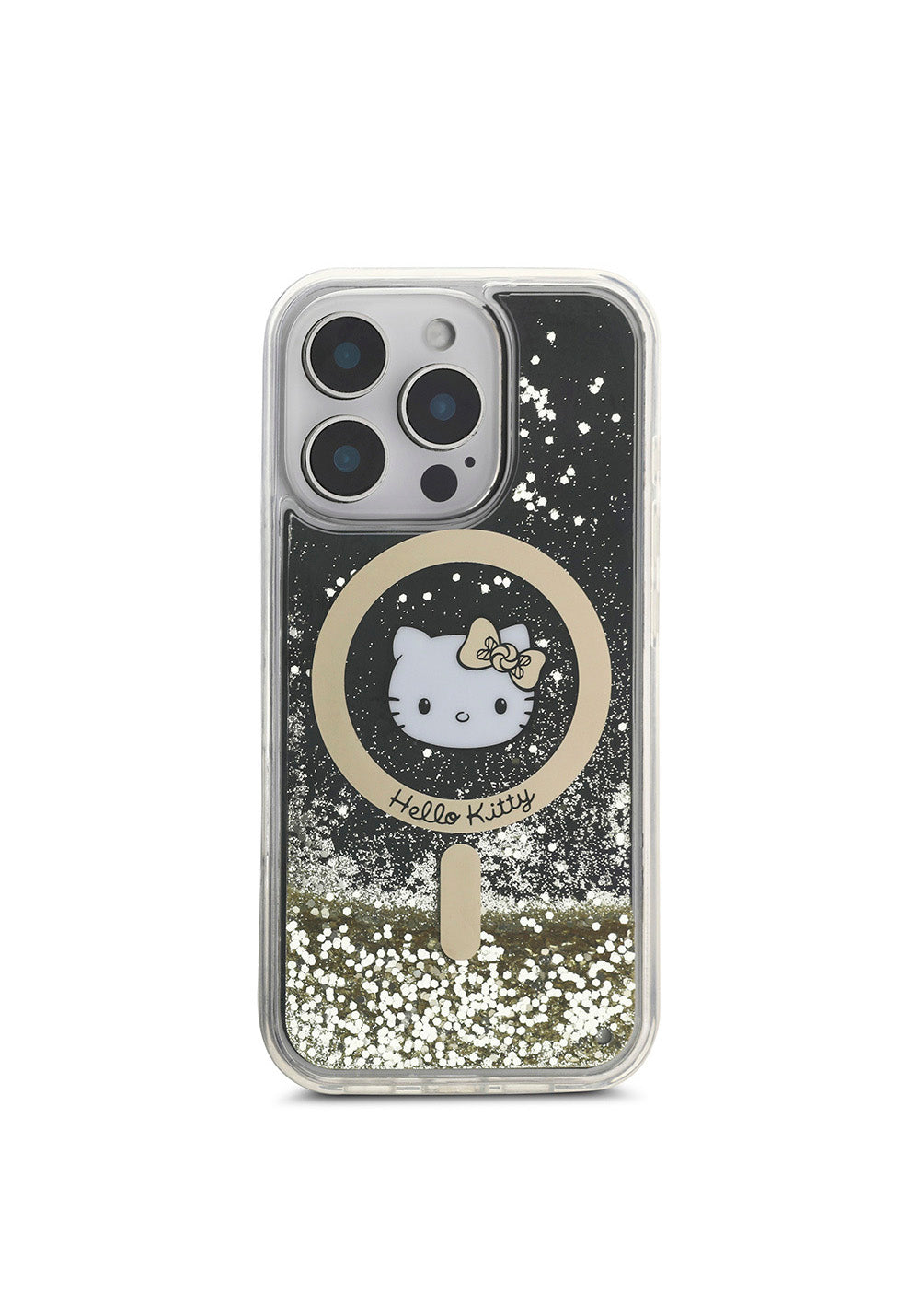 Apple iPhone 16 Pro Max Kılıf Hello Kitty Orijinal Lisanslı Manyetik Şarj Uyumlu IML Baskı Kitty Head Logolu Sıvılı Simli Altın Ateşi Kapak