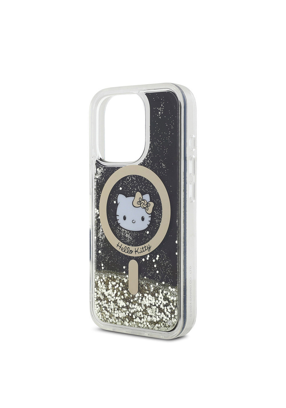 Apple iPhone 16 Pro Max Kılıf Hello Kitty Orijinal Lisanslı Manyetik Şarj Uyumlu IML Baskı Kitty Head Logolu Sıvılı Simli Altın Ateşi Kapak