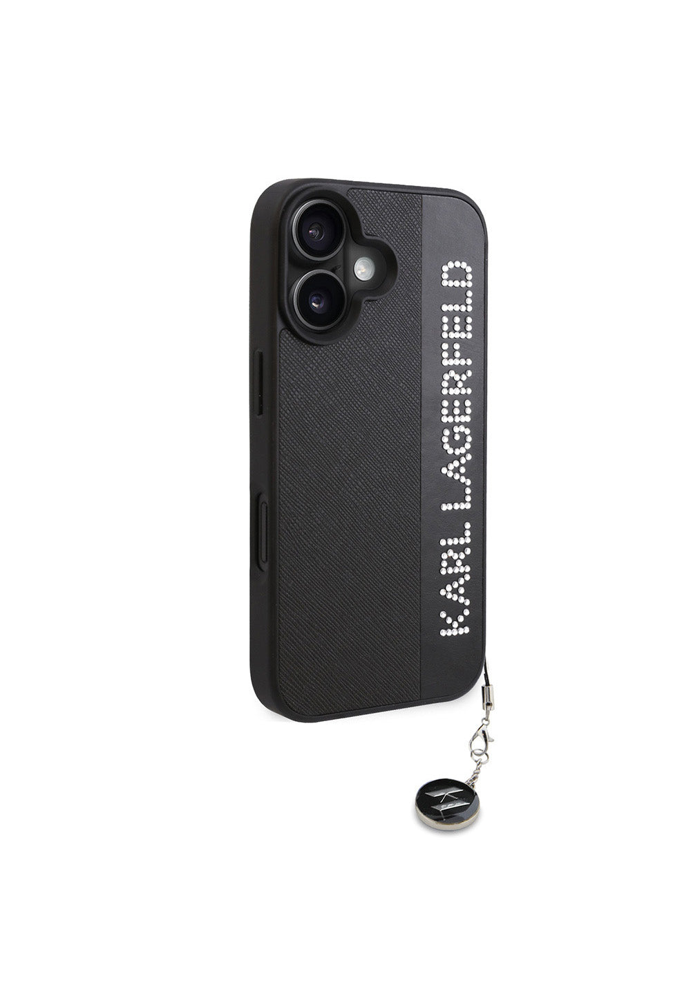 Apple iPhone 16 Kılıf Karl Lagerfeld Orijinal Lisanslı Anahtarlıklı Taşlı KL Yazılı Saffiano Rhinestones Kapak