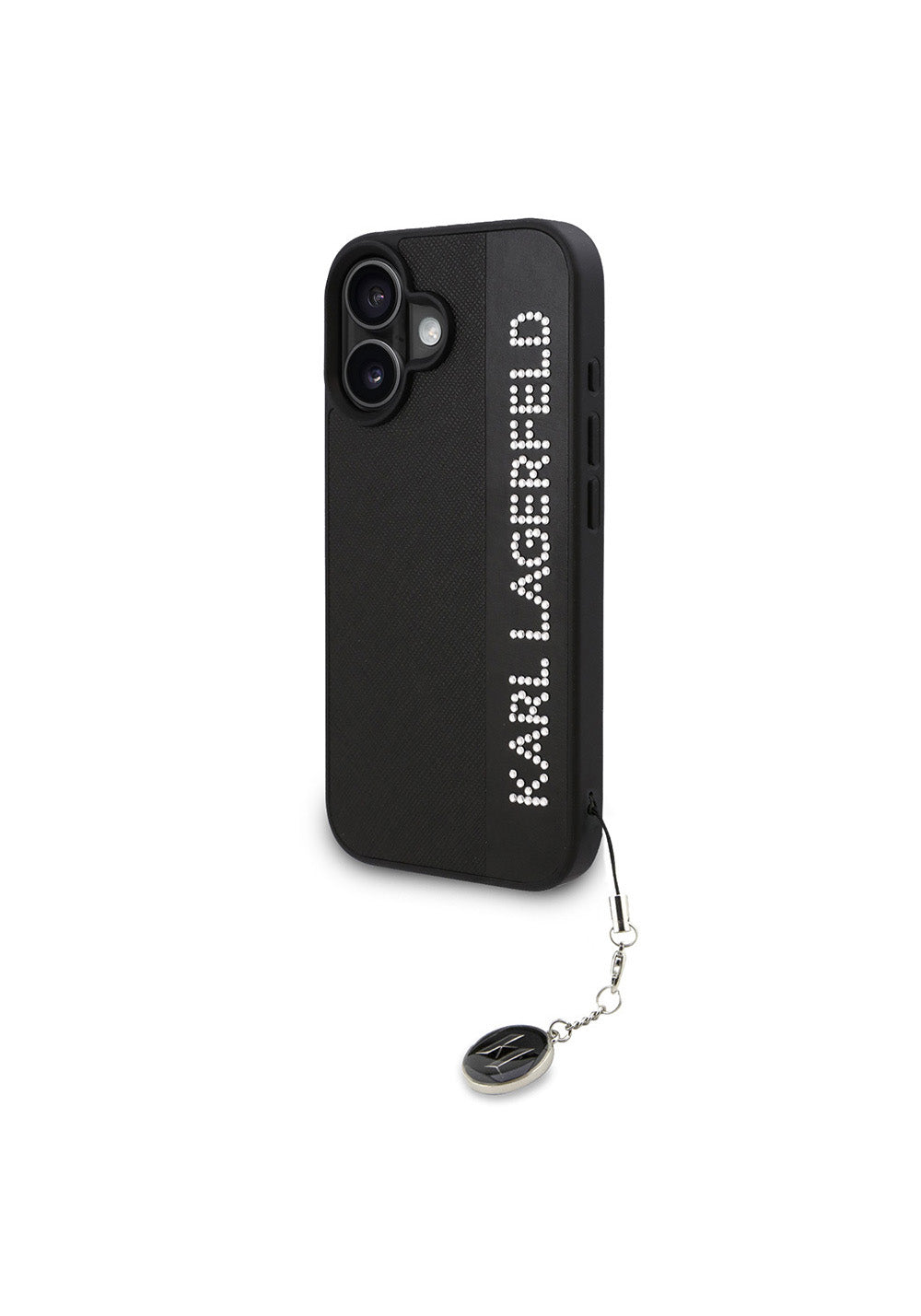Apple iPhone 16 Kılıf Karl Lagerfeld Orijinal Lisanslı Anahtarlıklı Taşlı KL Yazılı Saffiano Rhinestones Kapak