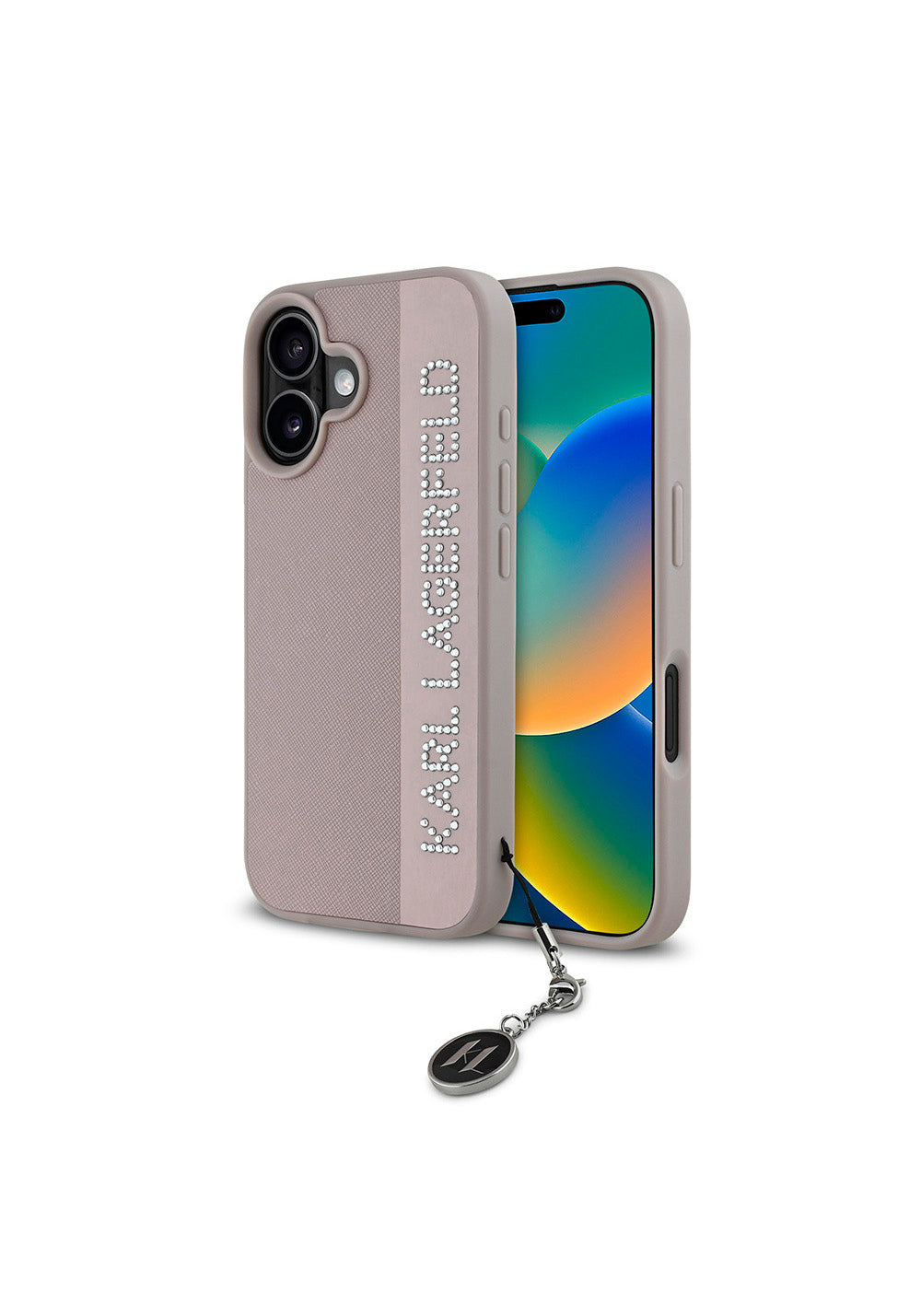 Apple iPhone 16 Kılıf Karl Lagerfeld Orijinal Lisanslı Anahtarlıklı Taşlı KL Yazılı Saffiano Rhinestones Kapak