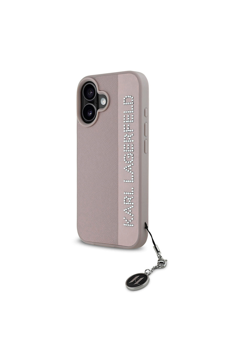 Apple iPhone 16 Kılıf Karl Lagerfeld Orijinal Lisanslı Anahtarlıklı Taşlı KL Yazılı Saffiano Rhinestones Kapak