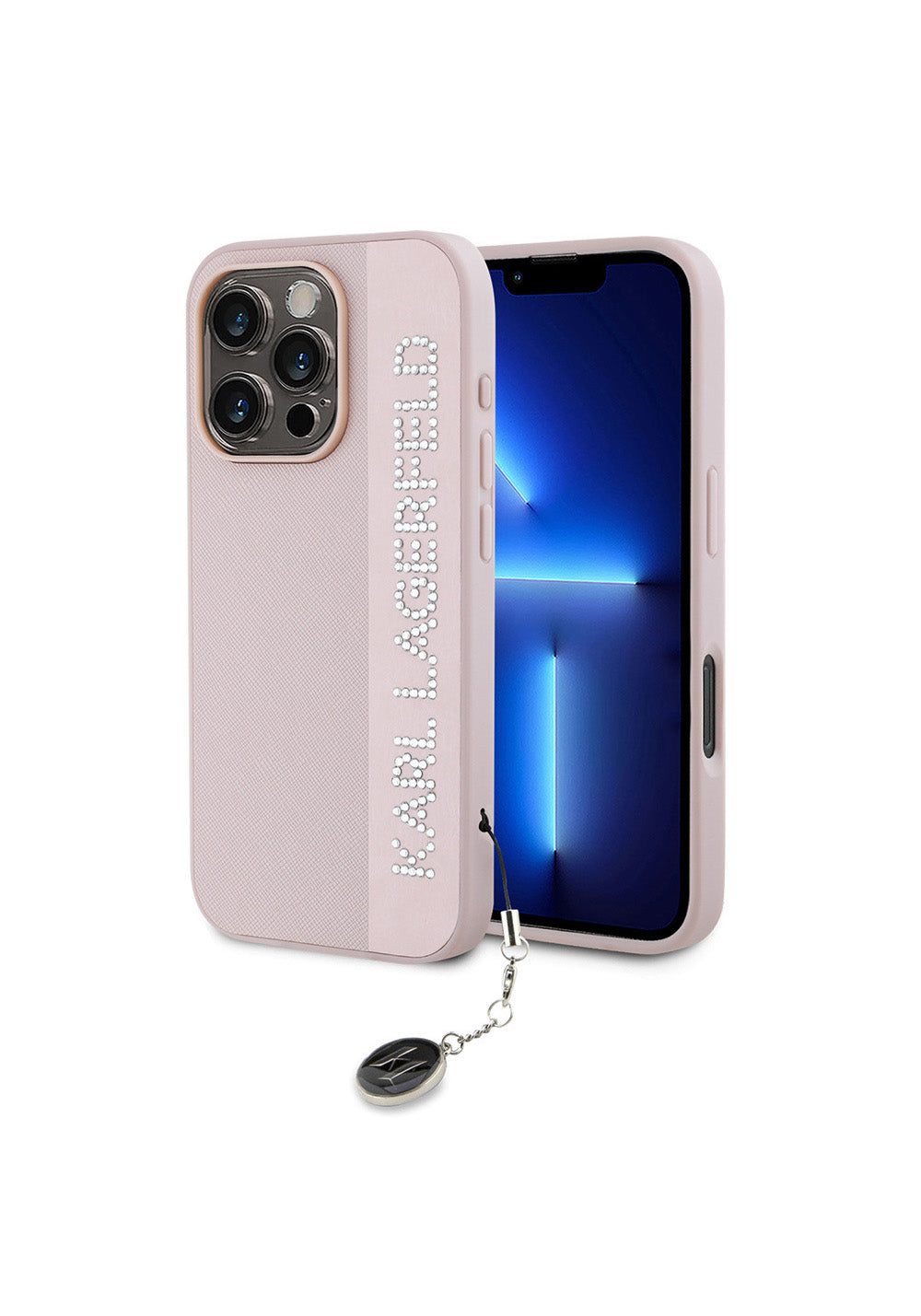 Apple iPhone 16 Pro Kılıf Karl Lagerfeld Orijinal Lisanslı Anahtarlıklı Taşlı KL Yazılı Saffiano Rhinestones Kapak