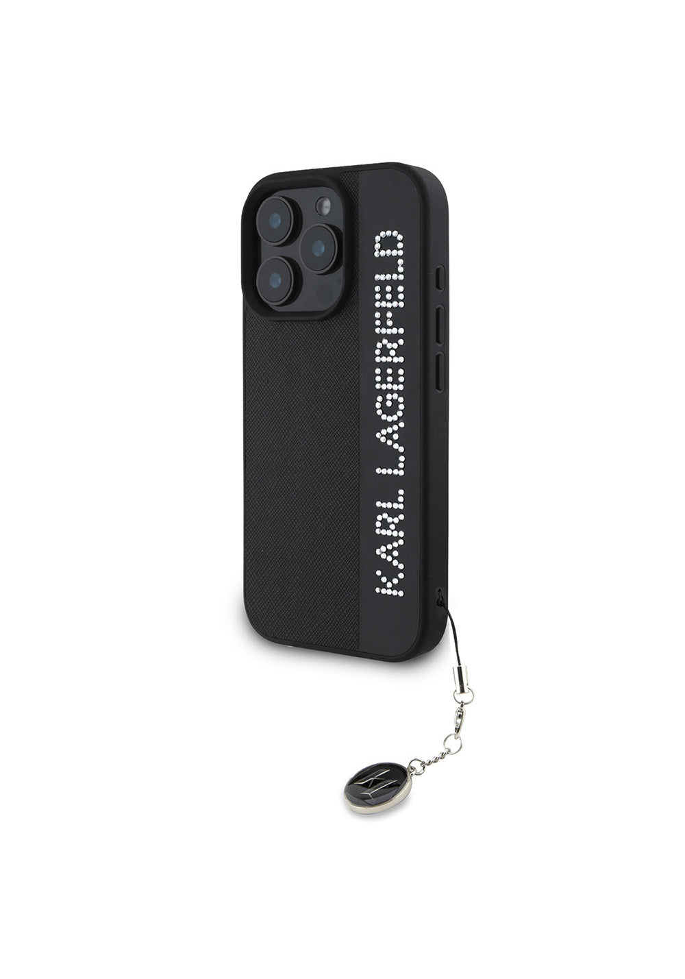 Apple iPhone 16 Pro Kılıf Karl Lagerfeld Orijinal Lisanslı Anahtarlıklı Taşlı KL Yazılı Saffiano Rhinestones Kapak