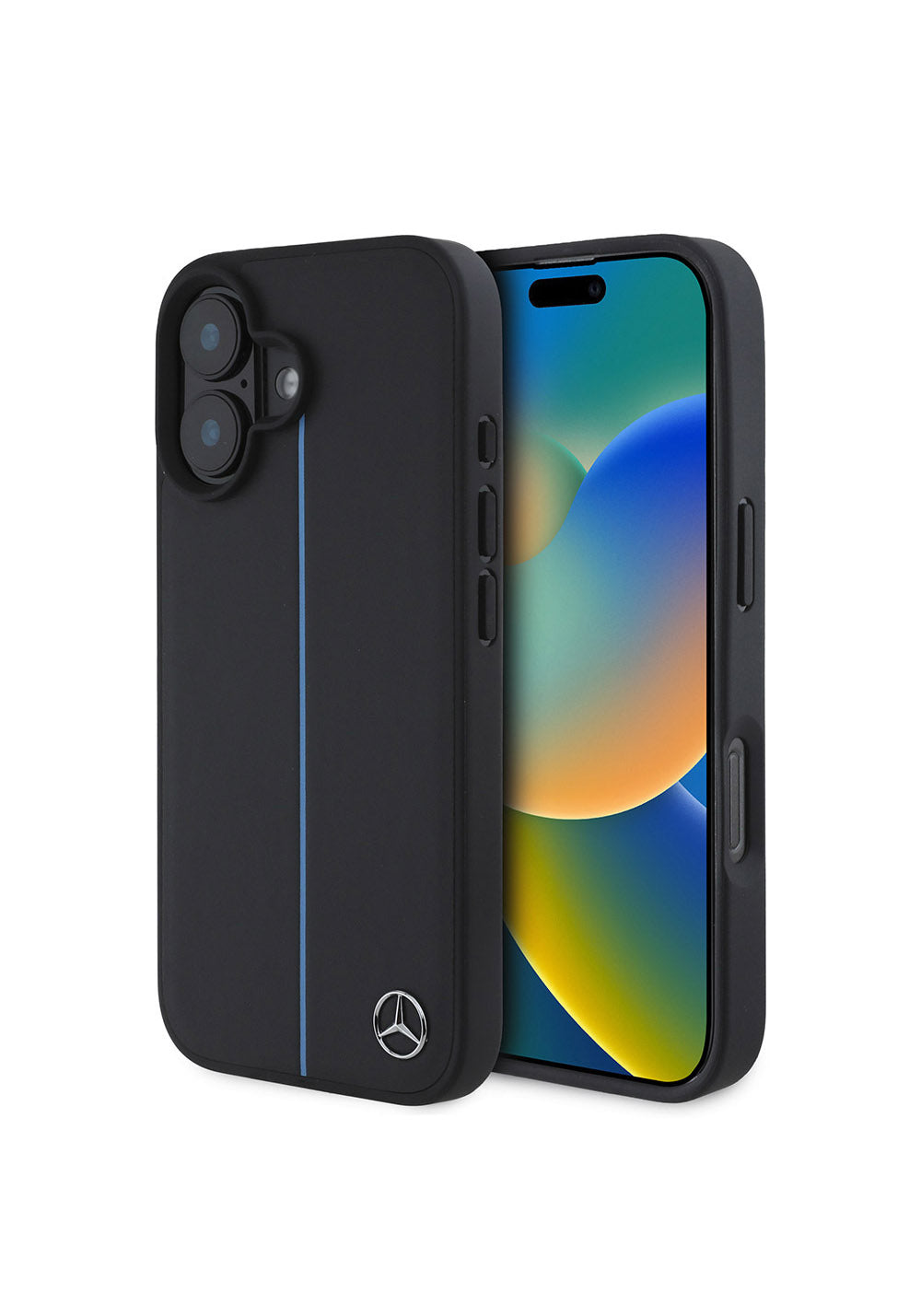 Apple iPhone 16 Kılıf Mercedes Benz Orijinal Lisanslı Manyetik Şarj Uyumlu Metal Yıldız Logolu Mavi Çizgili Deri Kapak