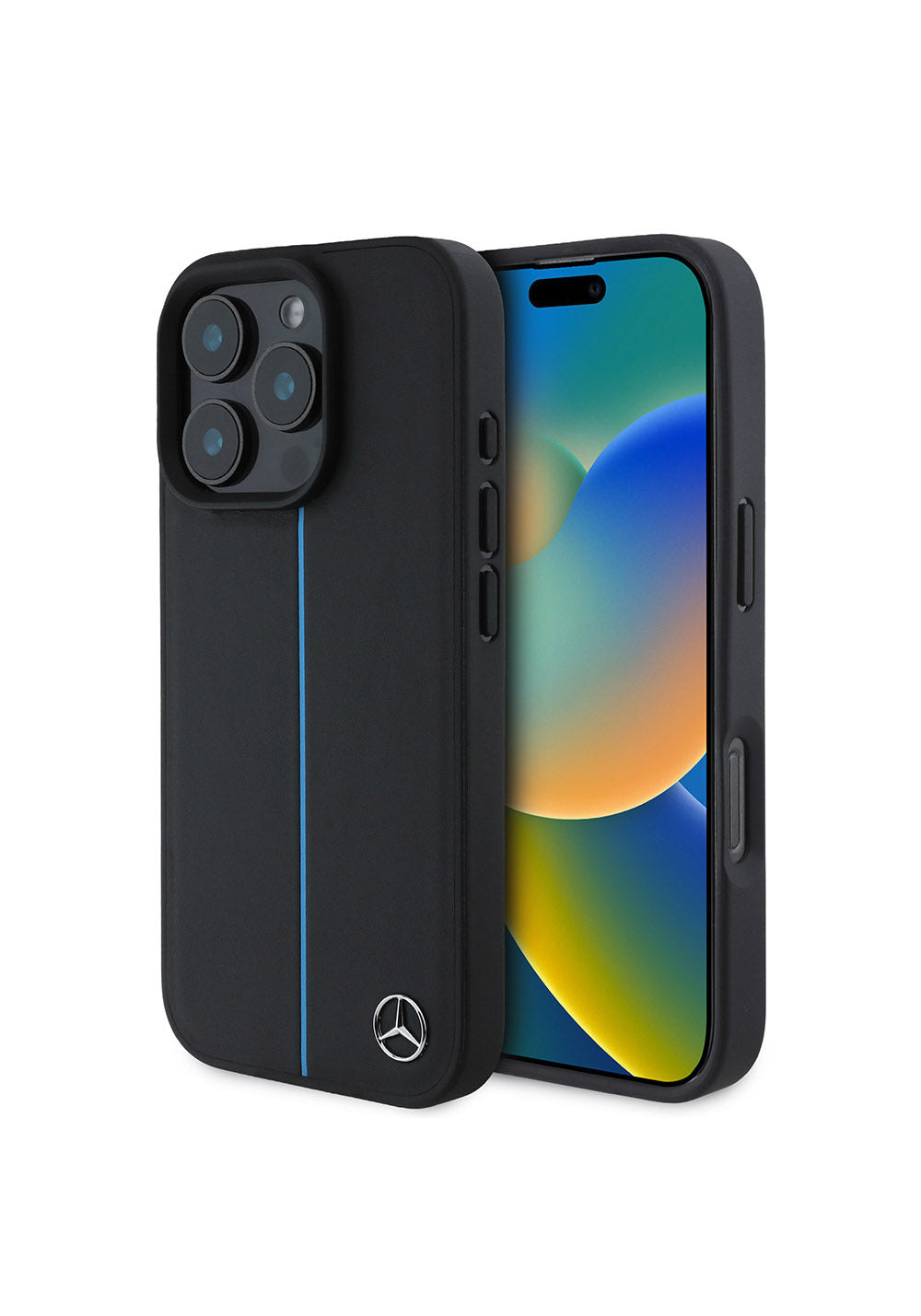 Apple iPhone 16 Pro Kılıf Mercedes Benz Orijinal Lisanslı Manyetik Şarj Uyumlu Metal Yıldız Logolu Mavi Çizgili Deri Kapak