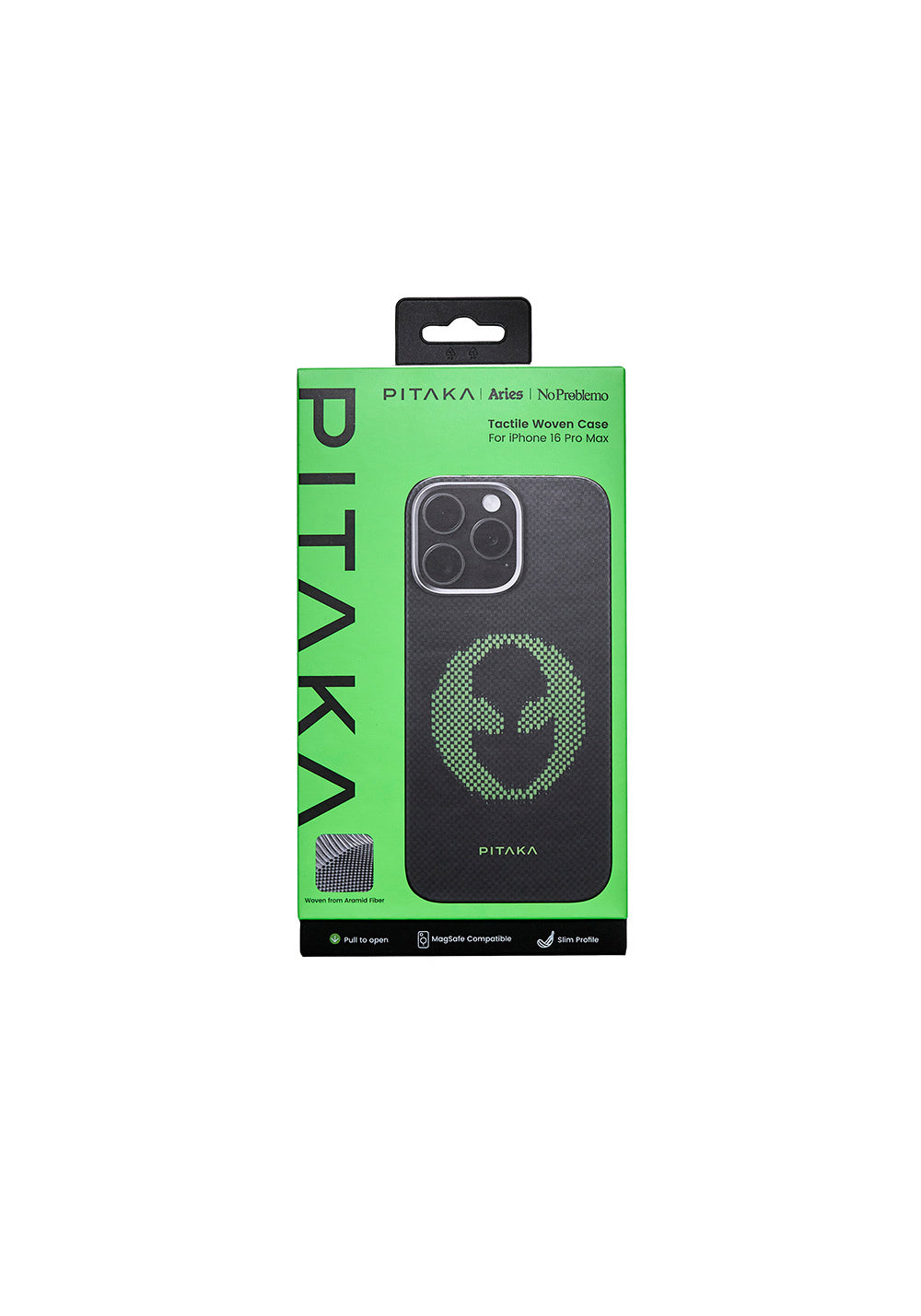 Apple iPhone 16 Pro Max Kılıf Manyetik Şarj Uyumlu Lumintex Teknolojili Fosforlu Aramid Karbon Fiber Pitaka Tactile Woven Aries Serisi Alien Kapak