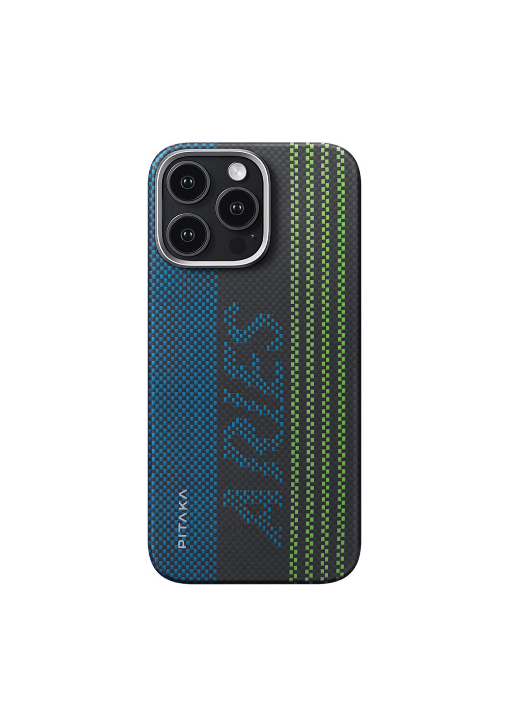 Apple iPhone 16 Pro Kılıf Manyetik Şarj Uyumlu Lumintex Teknolojili Fosforlu Aramid Karbon Fiber Pitaka Tactile Woven Aries Serisi Credit Card Kapak