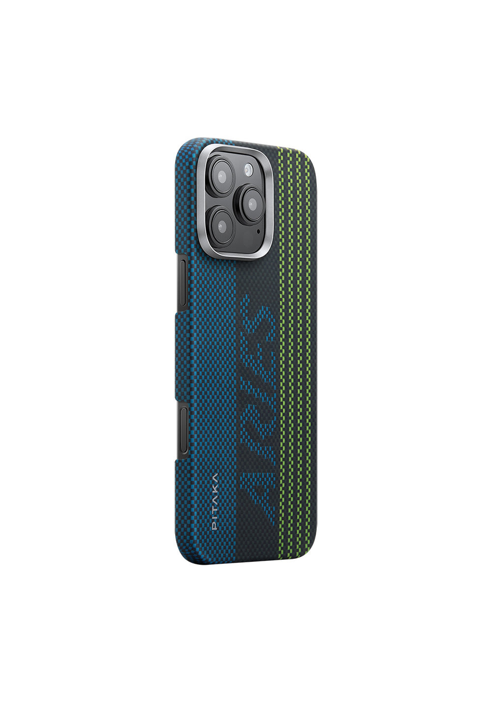 Apple iPhone 16 Pro Kılıf Manyetik Şarj Uyumlu Lumintex Teknolojili Fosforlu Aramid Karbon Fiber Pitaka Tactile Woven Aries Serisi Credit Card Kapak