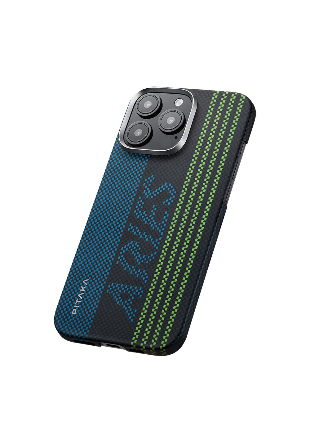 Apple iPhone 16 Pro Max Kılıf Manyetik Şarj Uyumlu Lumintex Teknolojili Fosforlu Aramid Karbon Fiber Pitaka Tactile Woven Aries Serisi Credit Card Kapak