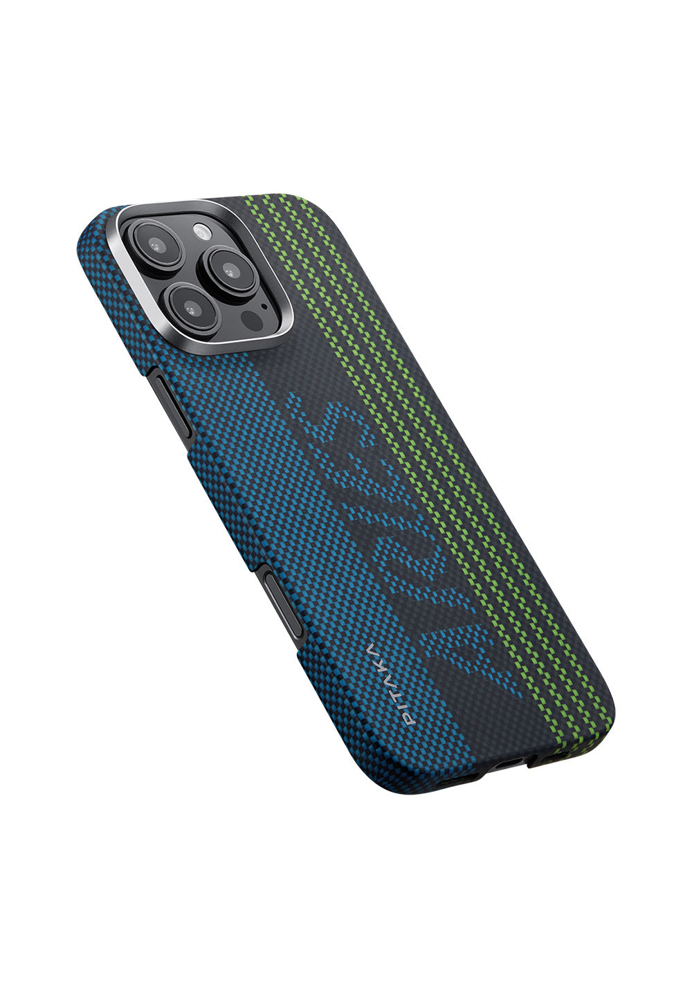 Apple iPhone 16 Pro Max Kılıf Manyetik Şarj Uyumlu Lumintex Teknolojili Fosforlu Aramid Karbon Fiber Pitaka Tactile Woven Aries Serisi Credit Card Kapak