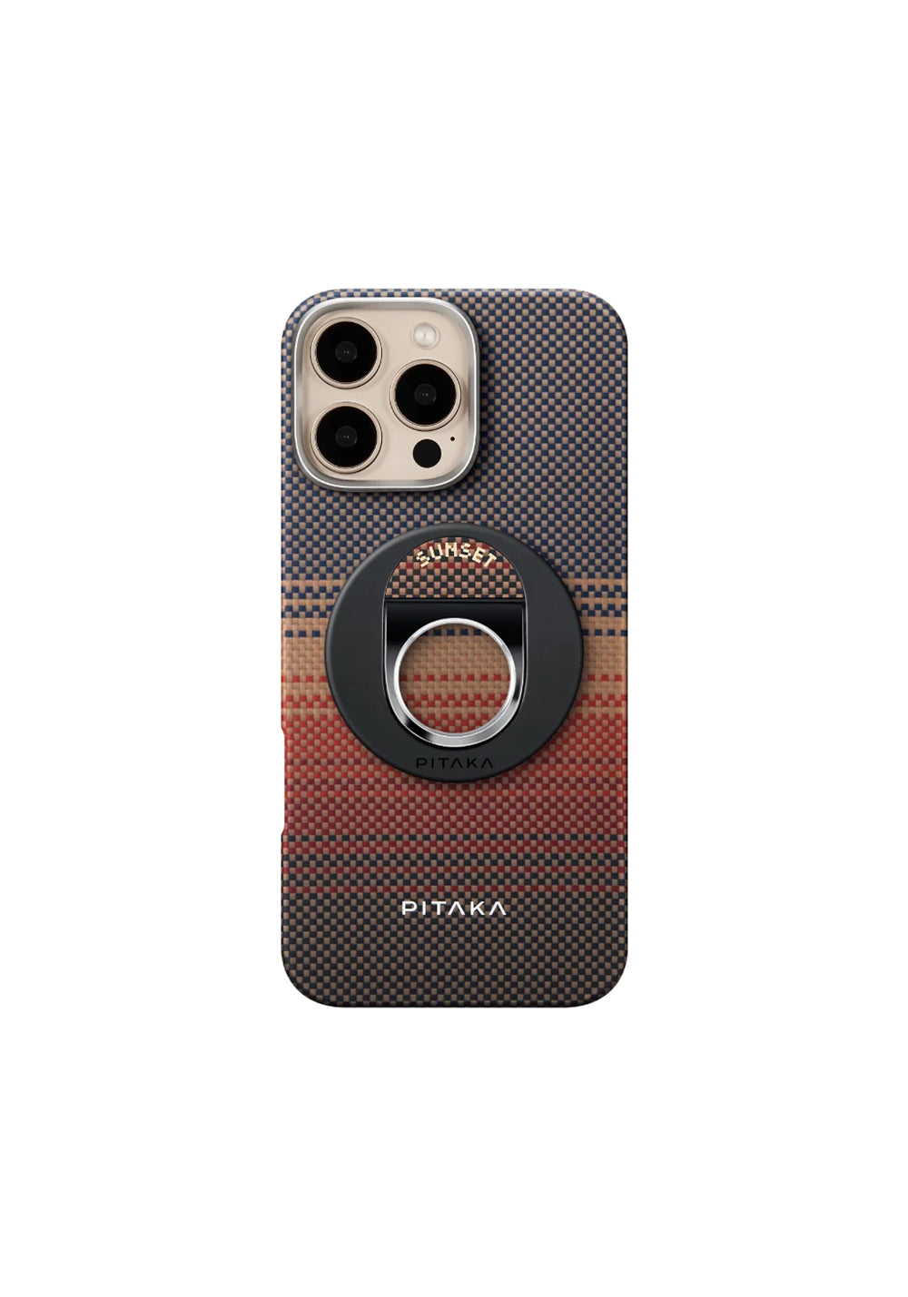 Apple iPhone 16 Pro Max Kılıf Manyetik Şarj Uyumlu Grip 3 Standlı Aramid Karbon Fiber Pitaka Tactile Woven Sunset-Moonrise Serisi Sunset Kapak