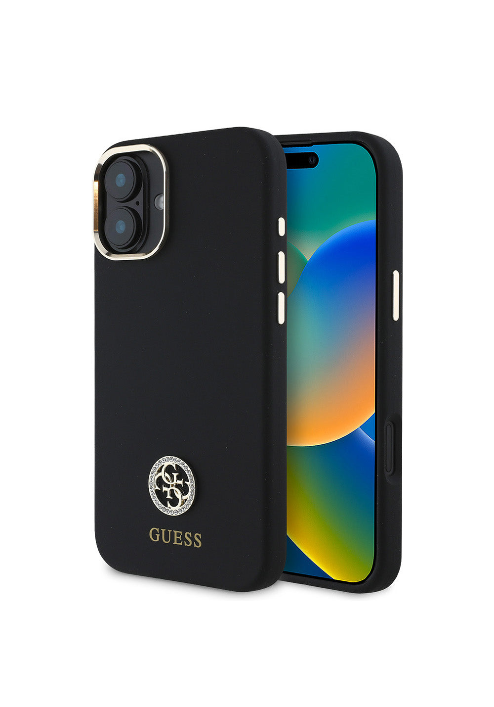Apple iPhone 16 Plus Kılıf Guess Orijinal Lisanslı Yazı ve Taşlı 4G Logolu Metal Kamera Çerçeveli Silikon Kapak