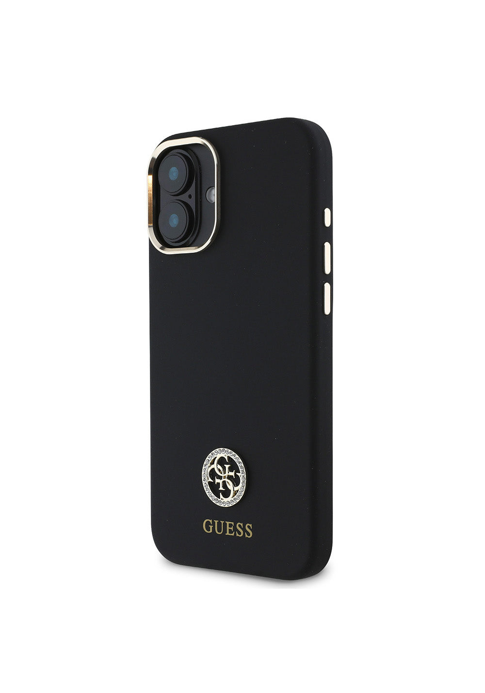 Apple iPhone 16 Plus Kılıf Guess Orijinal Lisanslı Yazı ve Taşlı 4G Logolu Metal Kamera Çerçeveli Silikon Kapak