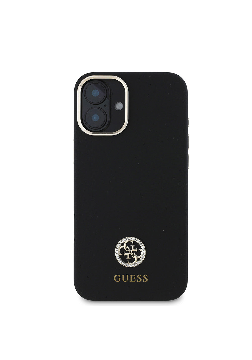Apple iPhone 16 Plus Kılıf Guess Orijinal Lisanslı Yazı ve Taşlı 4G Logolu Metal Kamera Çerçeveli Silikon Kapak
