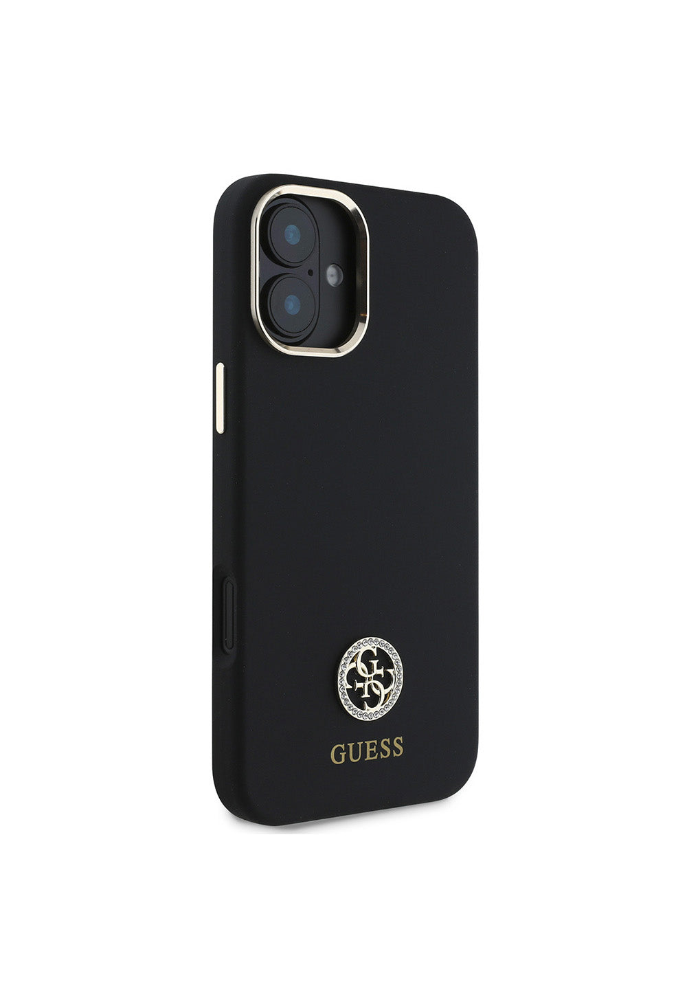Apple iPhone 16 Plus Kılıf Guess Orijinal Lisanslı Yazı ve Taşlı 4G Logolu Metal Kamera Çerçeveli Silikon Kapak