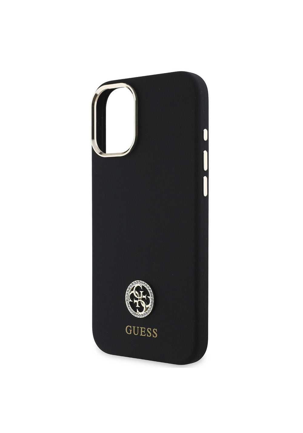 Apple iPhone 16 Plus Kılıf Guess Orijinal Lisanslı Yazı ve Taşlı 4G Logolu Metal Kamera Çerçeveli Silikon Kapak