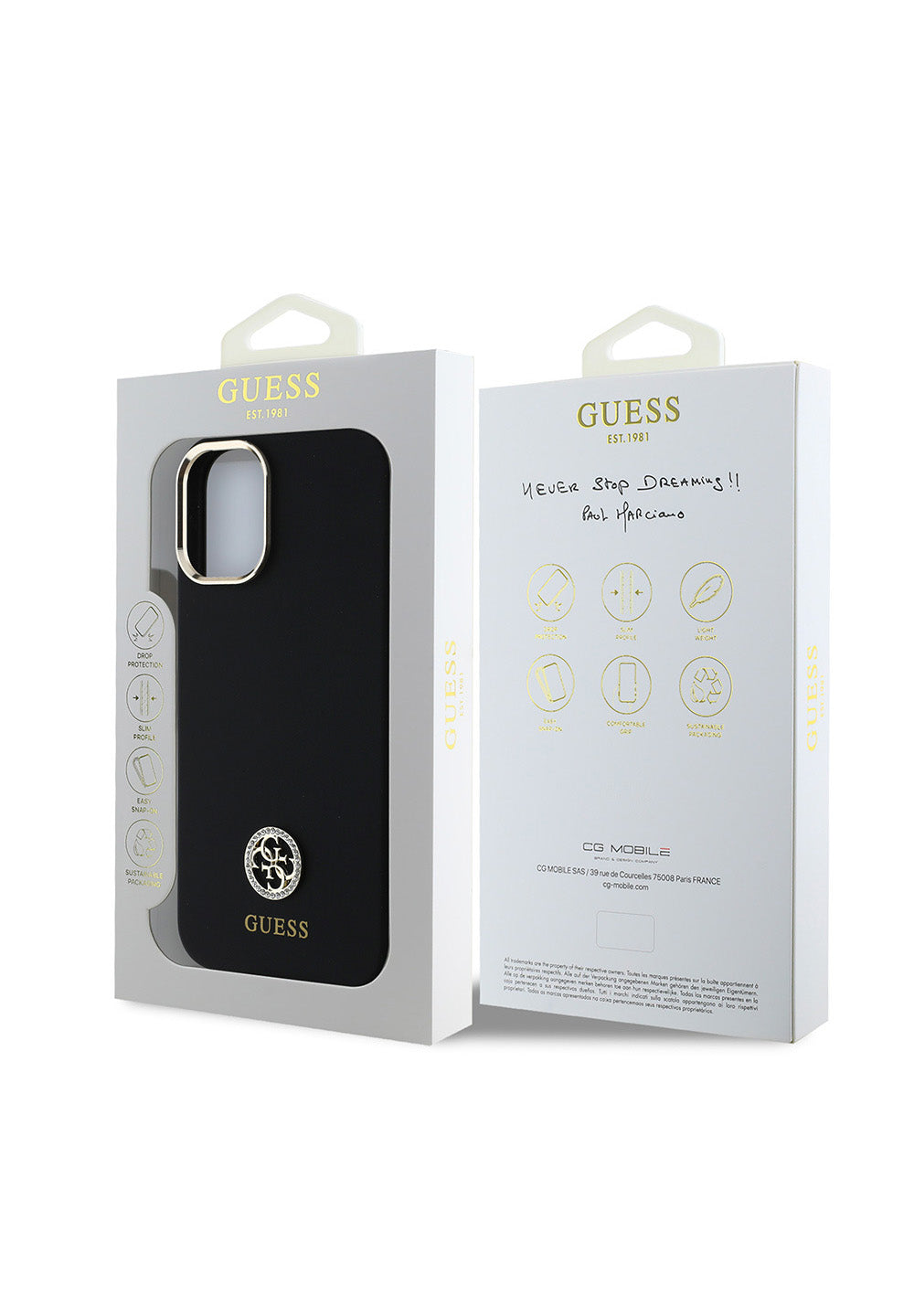Apple iPhone 16 Plus Kılıf Guess Orijinal Lisanslı Yazı ve Taşlı 4G Logolu Metal Kamera Çerçeveli Silikon Kapak