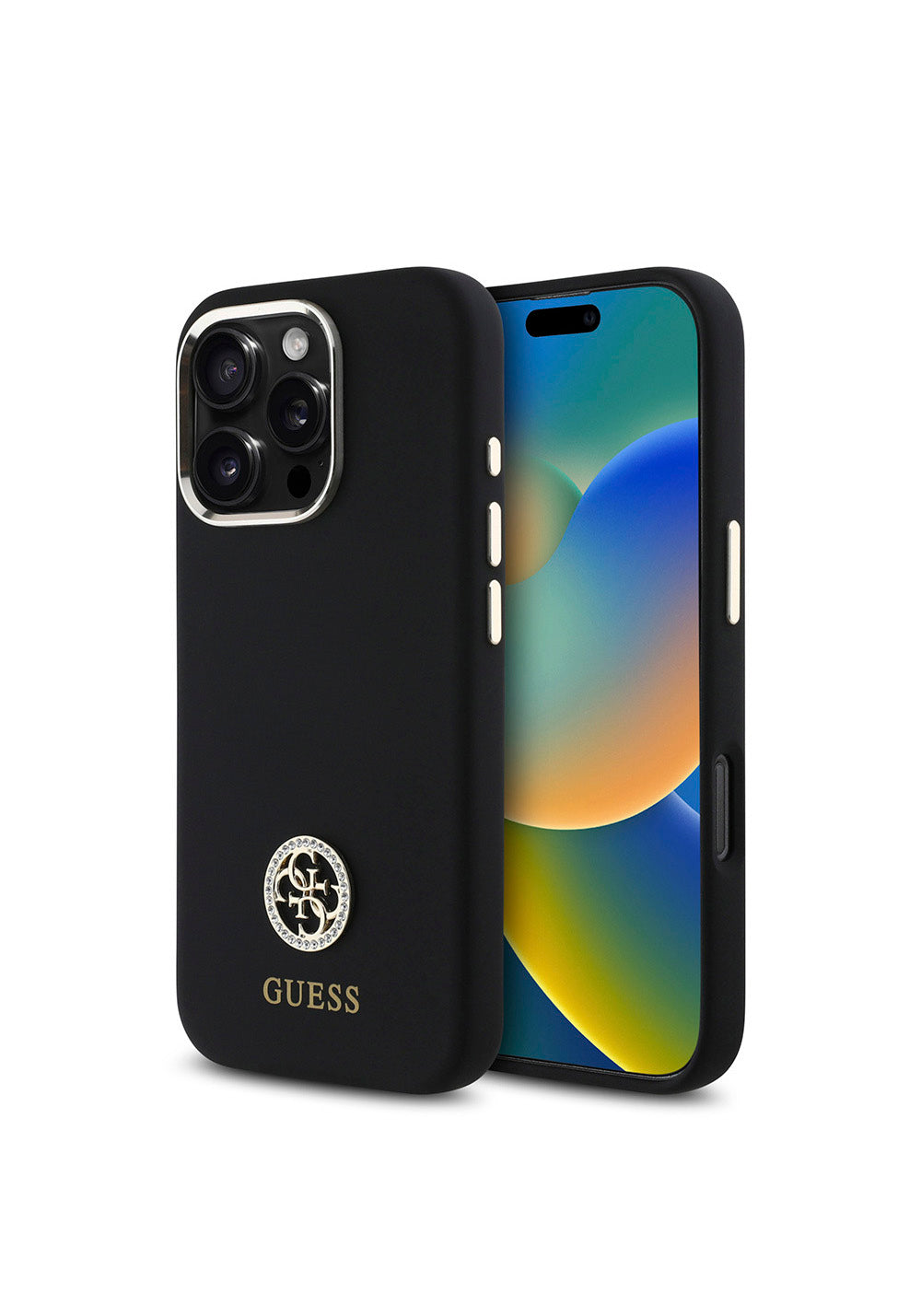 Apple iPhone 16 Pro Max Kılıf Guess Orijinal Lisanslı Yazı ve Taşlı 4G Logolu Metal Kamera Çerçeveli Silikon Kapak