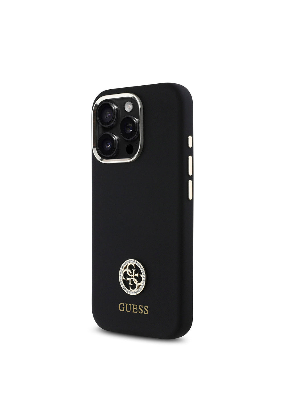 Apple iPhone 16 Pro Max Kılıf Guess Orijinal Lisanslı Yazı ve Taşlı 4G Logolu Metal Kamera Çerçeveli Silikon Kapak
