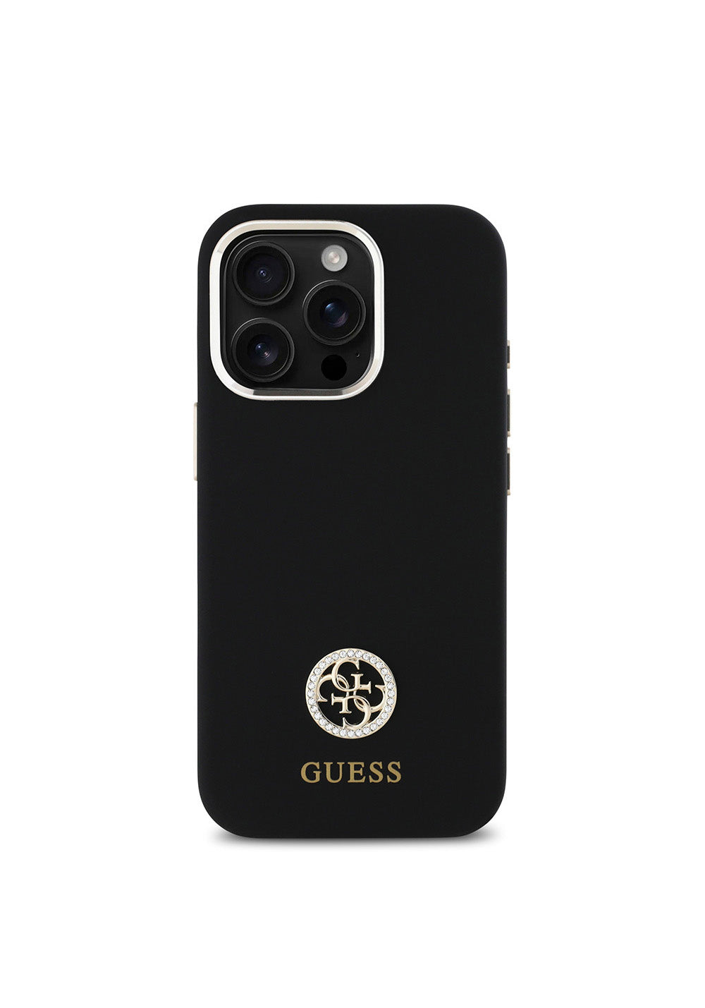 Apple iPhone 16 Pro Max Kılıf Guess Orijinal Lisanslı Yazı ve Taşlı 4G Logolu Metal Kamera Çerçeveli Silikon Kapak