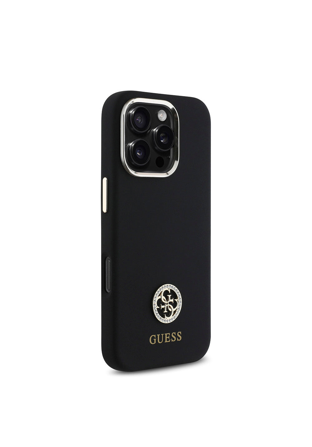 Apple iPhone 16 Pro Max Kılıf Guess Orijinal Lisanslı Yazı ve Taşlı 4G Logolu Metal Kamera Çerçeveli Silikon Kapak
