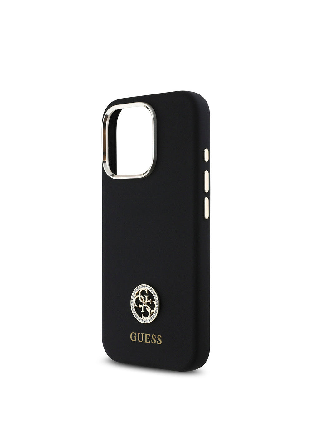 Apple iPhone 16 Pro Max Kılıf Guess Orijinal Lisanslı Yazı ve Taşlı 4G Logolu Metal Kamera Çerçeveli Silikon Kapak