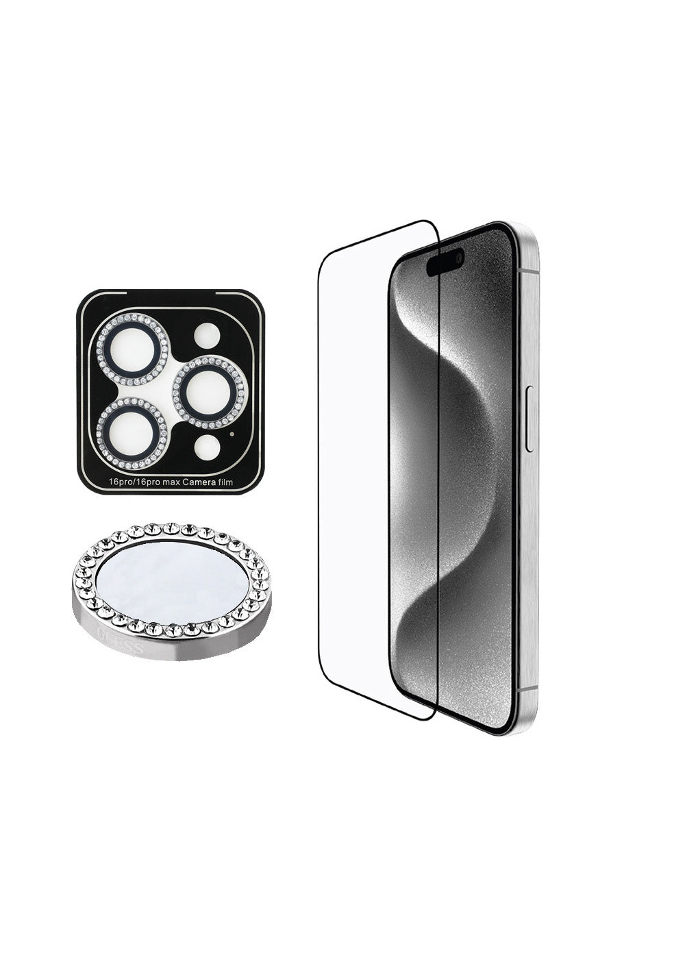 Apple iPhone 16 Pro Guess Orijinal Lisanslı Rhinestone Ekran Koruyucu + Lens Koruyucu 2in1 Aksesuar Seti