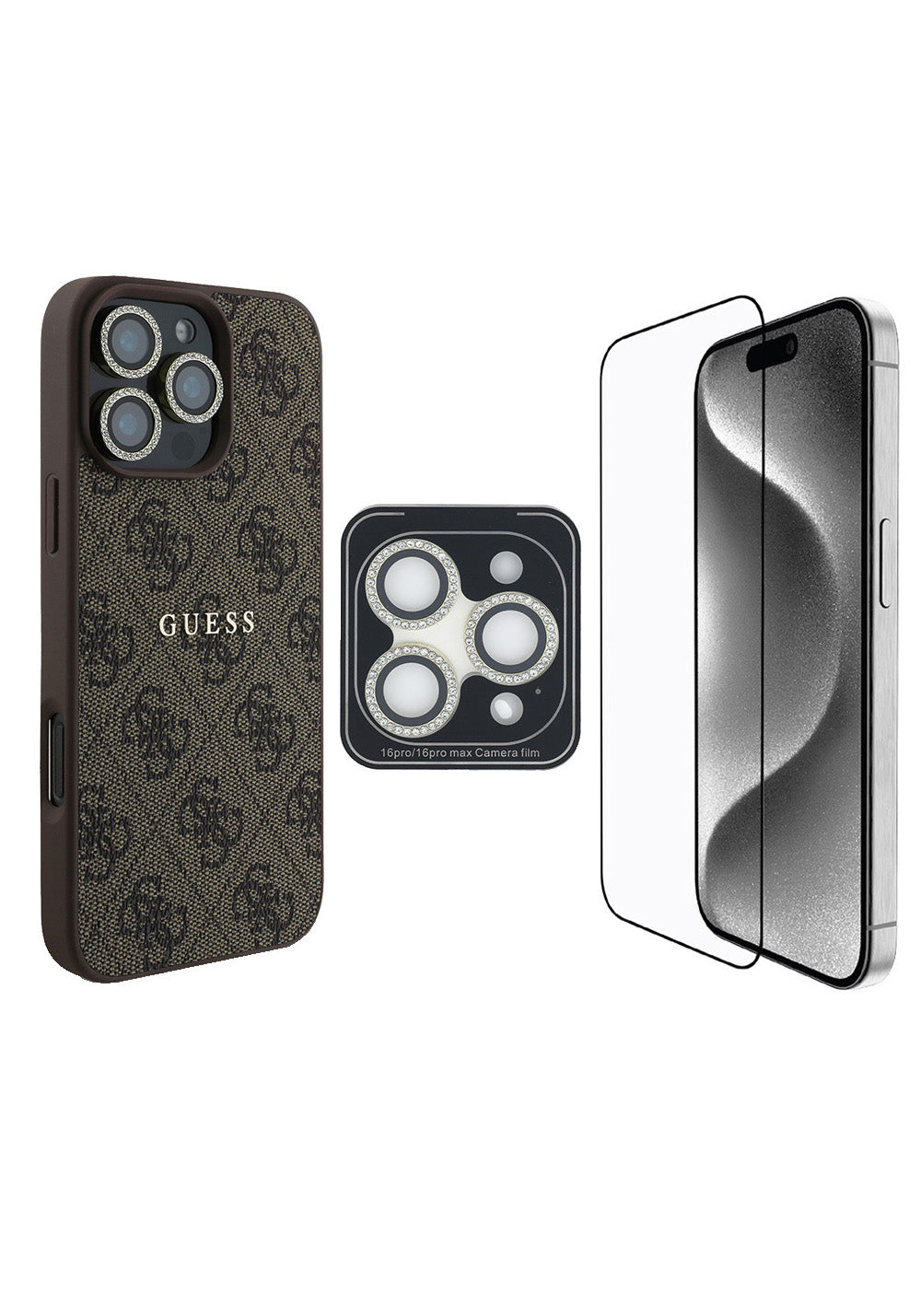 Apple iPhone 16 Pro Guess Orijinal Lisanslı Kılıf + Ekran Koruyucu + Lens Koruyucu 3in1 Aksesuar Seti