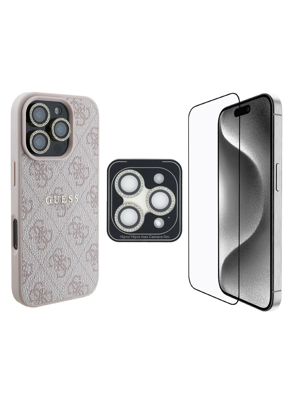 Apple iPhone 16 Pro Guess Orijinal Lisanslı Kılıf + Ekran Koruyucu + Lens Koruyucu 3in1 Aksesuar Seti