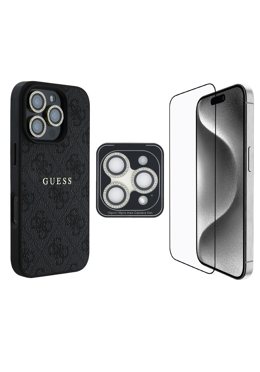 Apple iPhone 16 Pro Max Guess Orijinal Lisanslı Kılıf + Ekran Koruyucu + Lens Koruyucu 3in1 Aksesuar Seti
