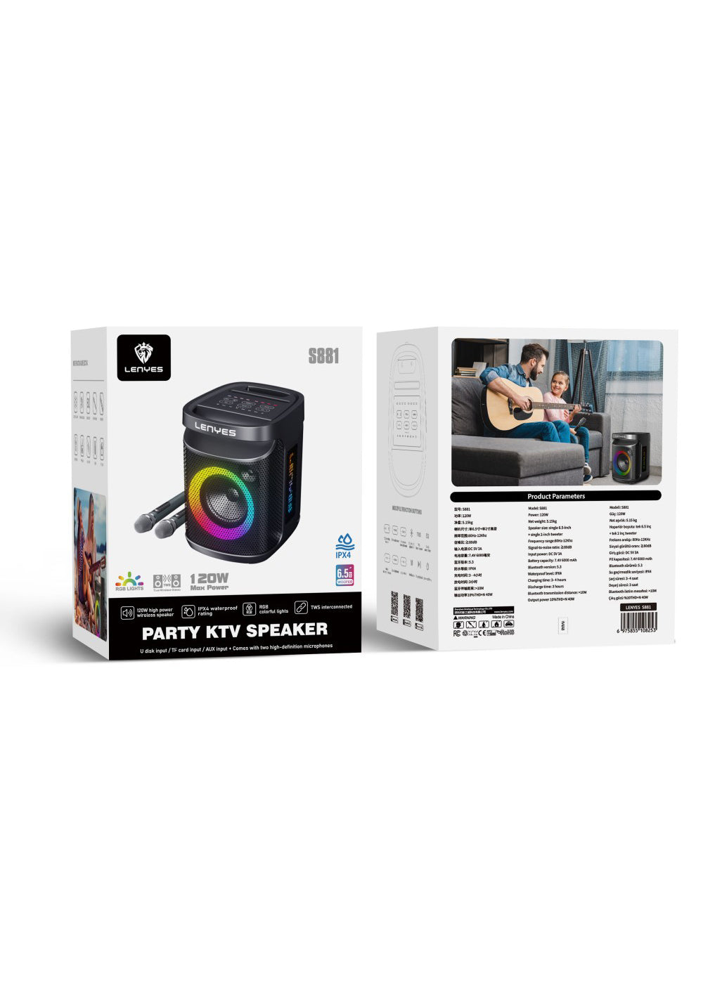 Lenyes S881 Su Geçirmez Mikrofonlu Çoklu Giriş RGB Işıklı TWS Karaoke FM Bluetooth Hoparlör v5.3 120W