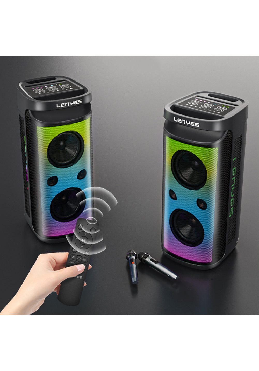 Lenyes S882 Su Geçirmez Mikrofonlu Çoklu Giriş RGB Işıklı TWS Karaoke FM Bluetooth Hoparlör v5.3 200W