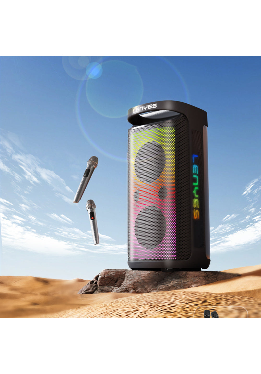 Lenyes S883 Su Geçirmez Tekerlekli Mikrofonlu Çoklu Giriş RGB Işıklı TWS Karaoke FM Bluetooth Hoparlör v5.3 360W