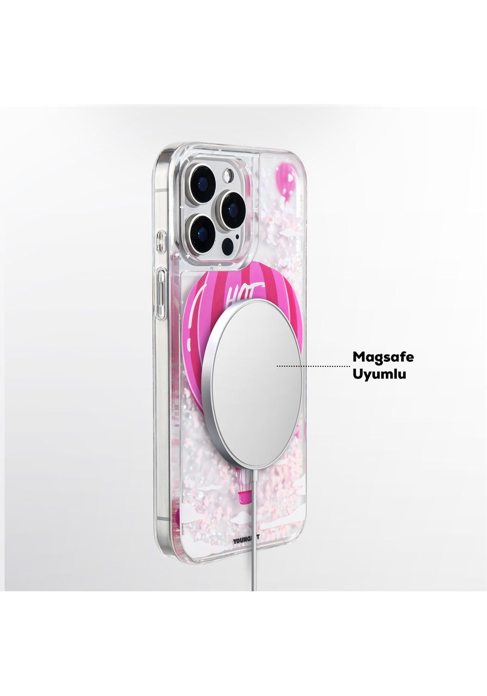 Apple iPhone 16 Pro Max Kılıf Manyetik Şarj Uyumlu Parlak Kumlu Sıvılı Youngkit Pink Dream Quicksand Serisi Kapak