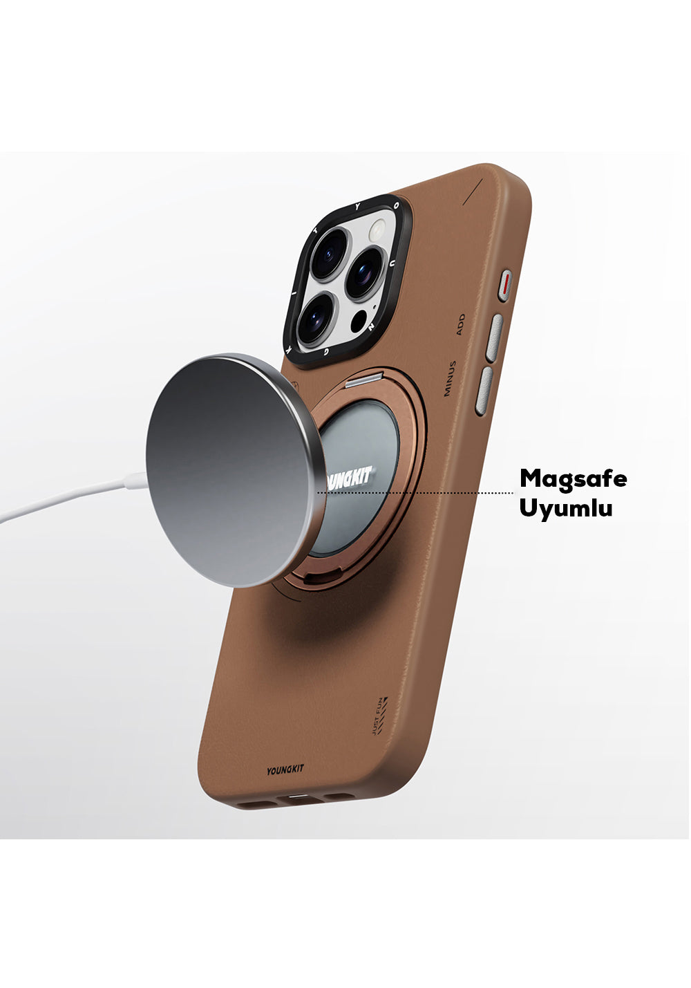 Apple iPhone 16 Pro Max Kılıf Manyetik Şarj Uyumlu 360° Standlı Basit Mat Deri Desenli Youngkit Tech Leather Serisi Kapak
