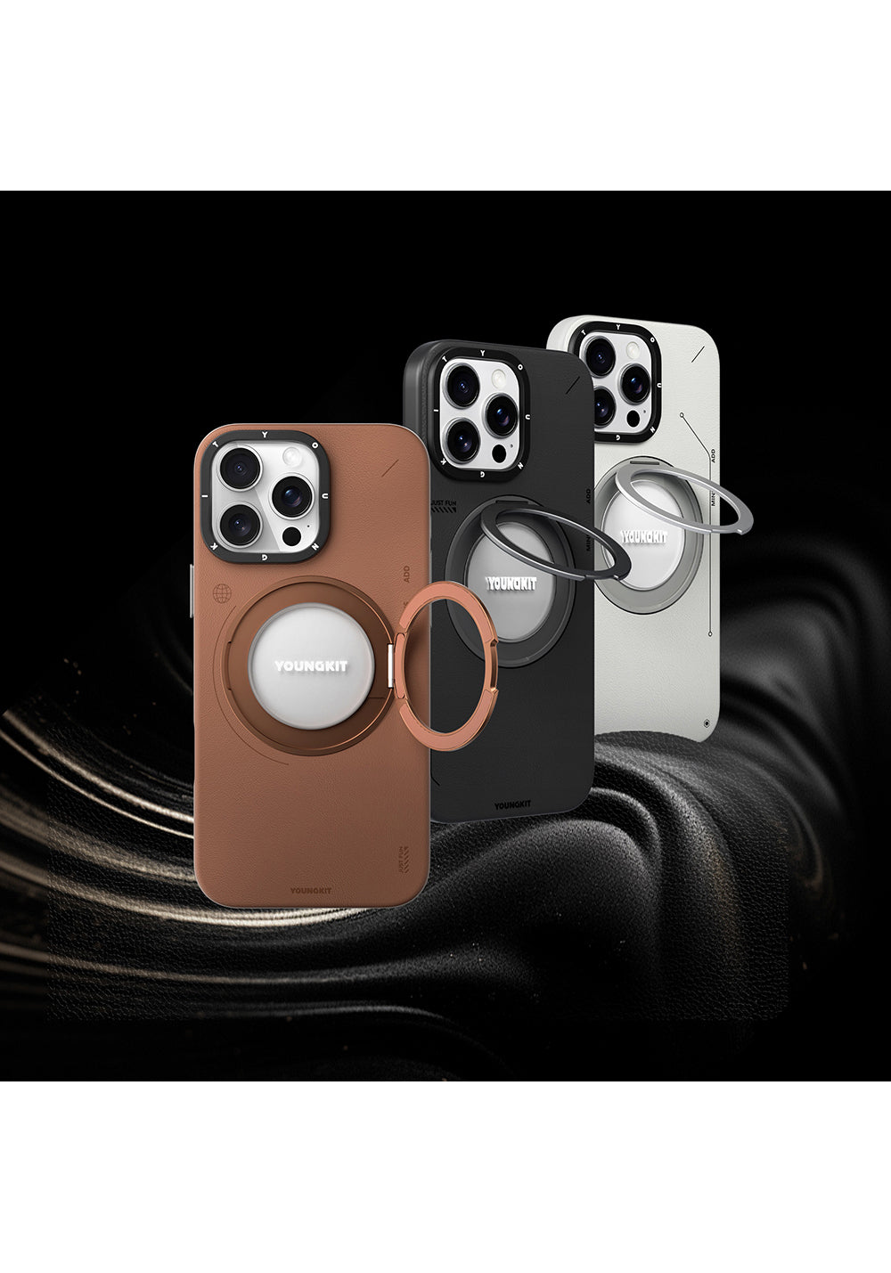 Apple iPhone 16 Pro Max Kılıf Manyetik Şarj Uyumlu 360° Standlı Basit Mat Deri Desenli Youngkit Tech Leather Serisi Kapak